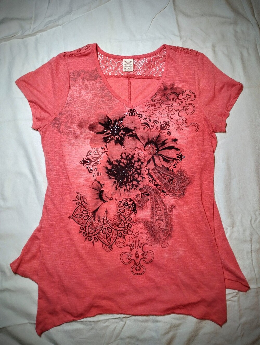 Faded Glory T-Shirt XL Pink Floral Sequins Flowy Lace Back Graphic Tee Top